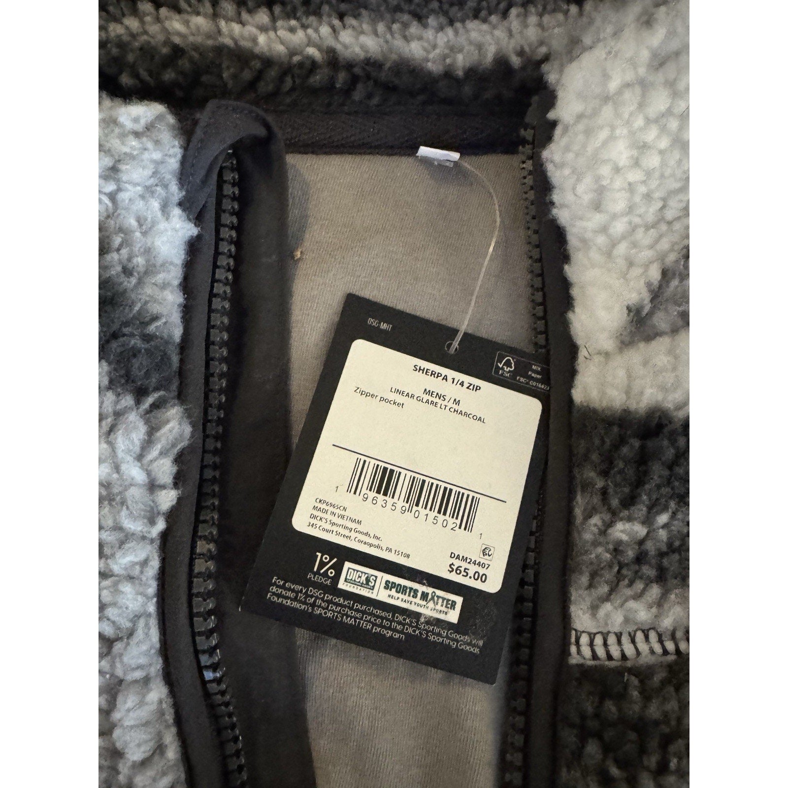 DSG Mens Sherpa 1/4 Zip Size M Charcoal Linear Glare Fleece Outdoor Casual