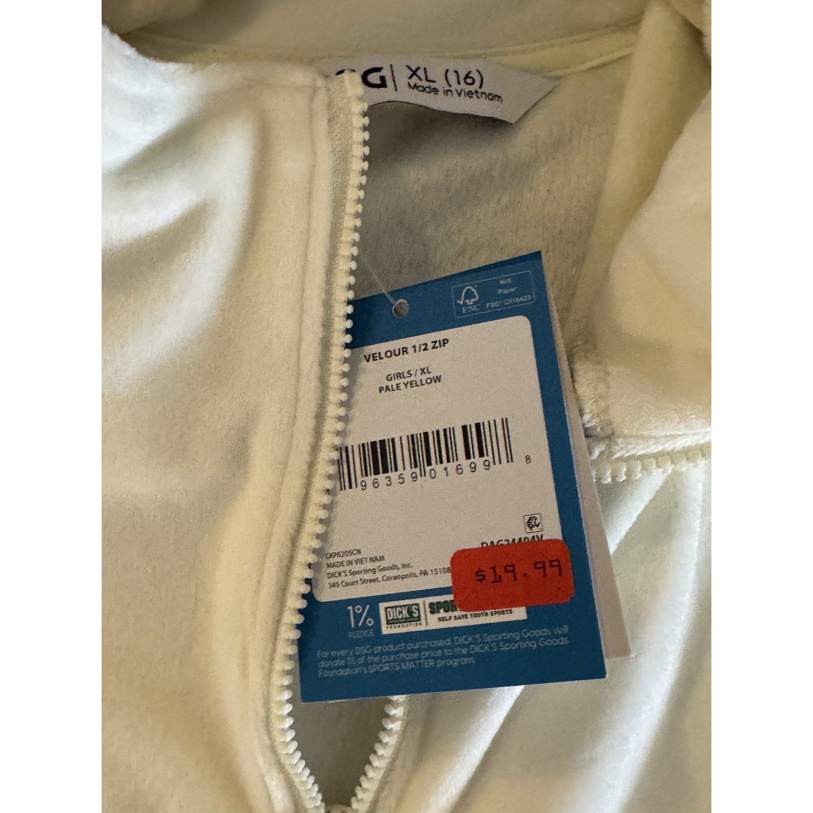 DSG ' VELOUR HALF ZIP ' GIRLS ' SIZE XL (16) PALE YELLOW