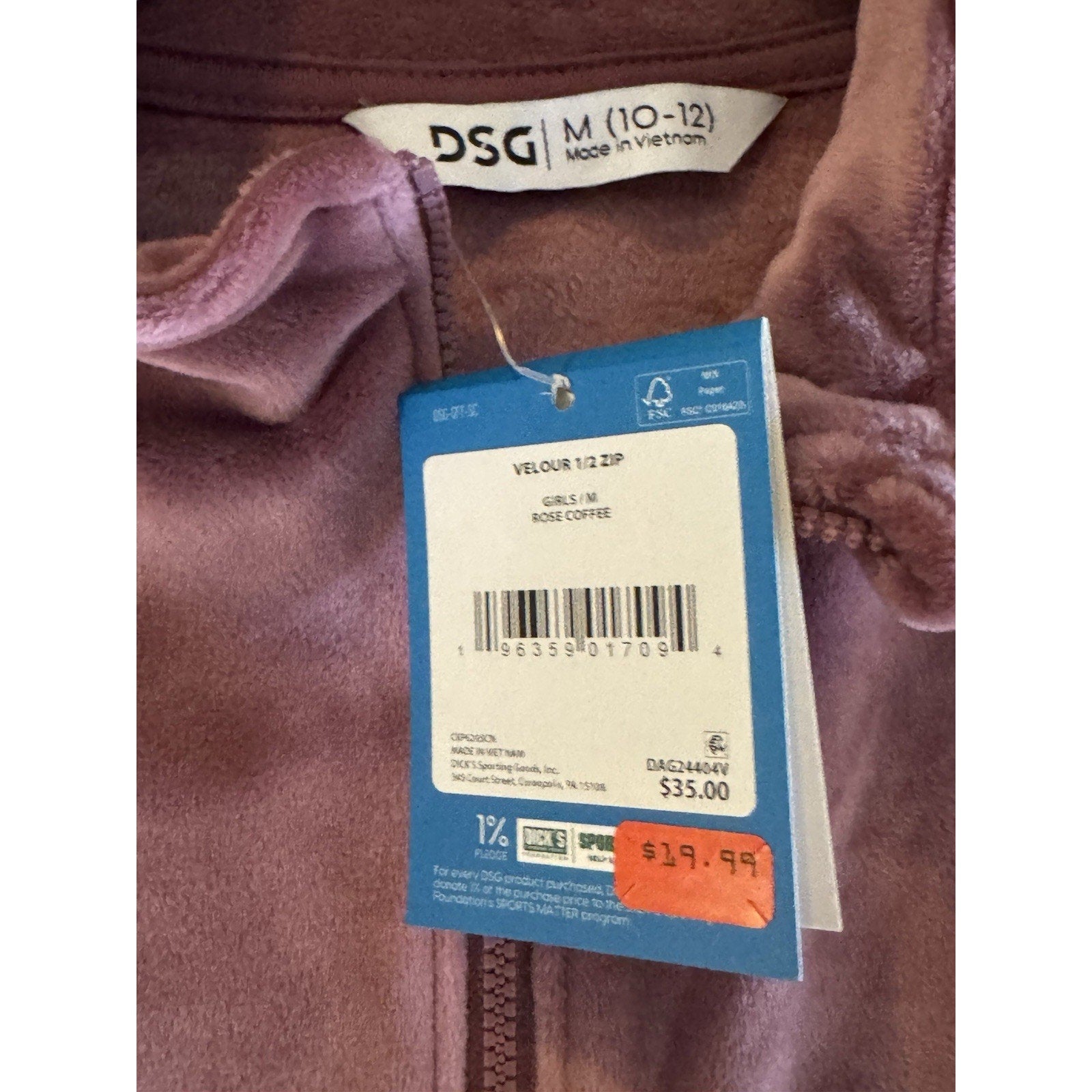 NWT DSG Girls M Velour 1/2 Zip in Rose Coffee Medium 10-12
