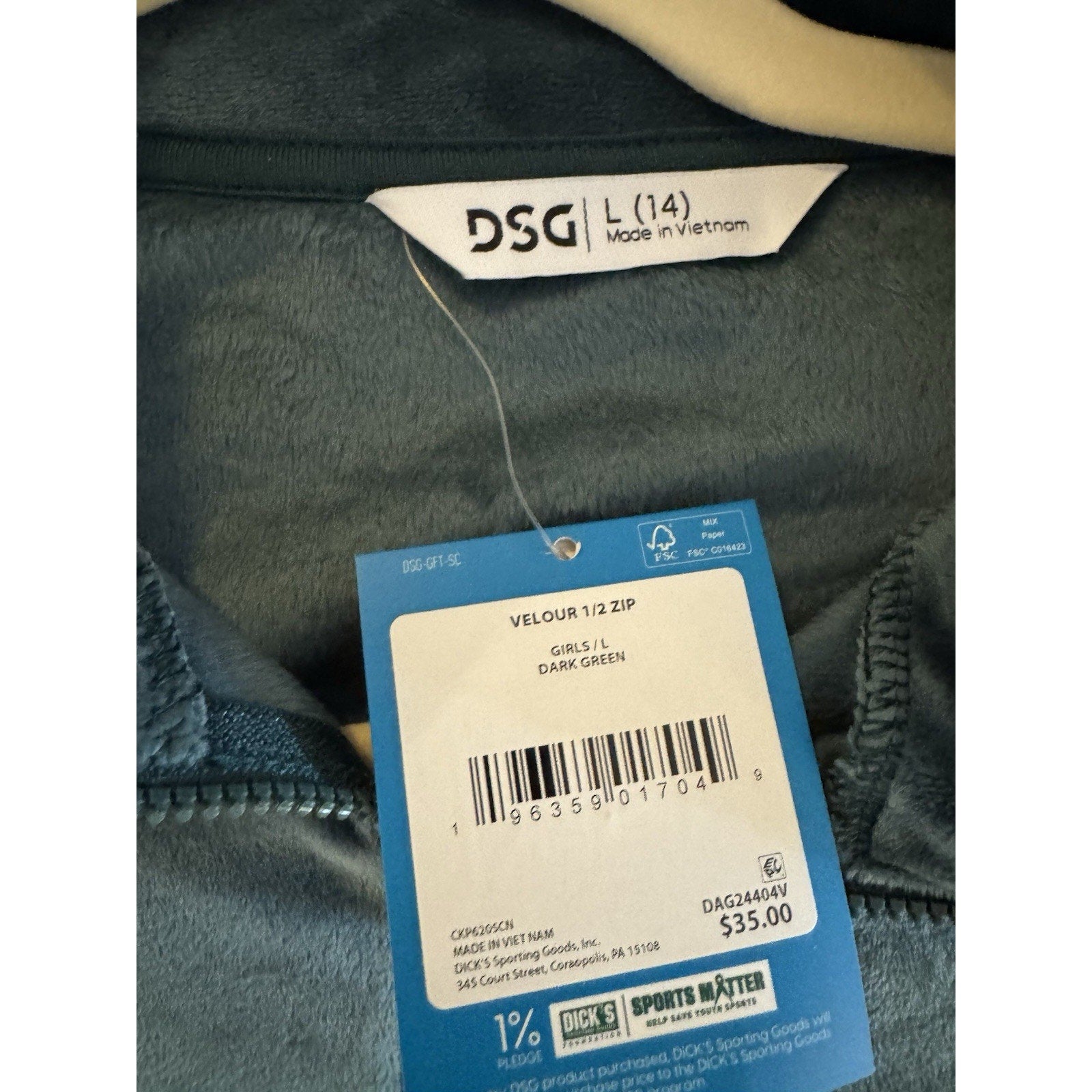 DSG Velour 1/2 Zip Pullover Dark Green Girls M 10-12 NWT - 116