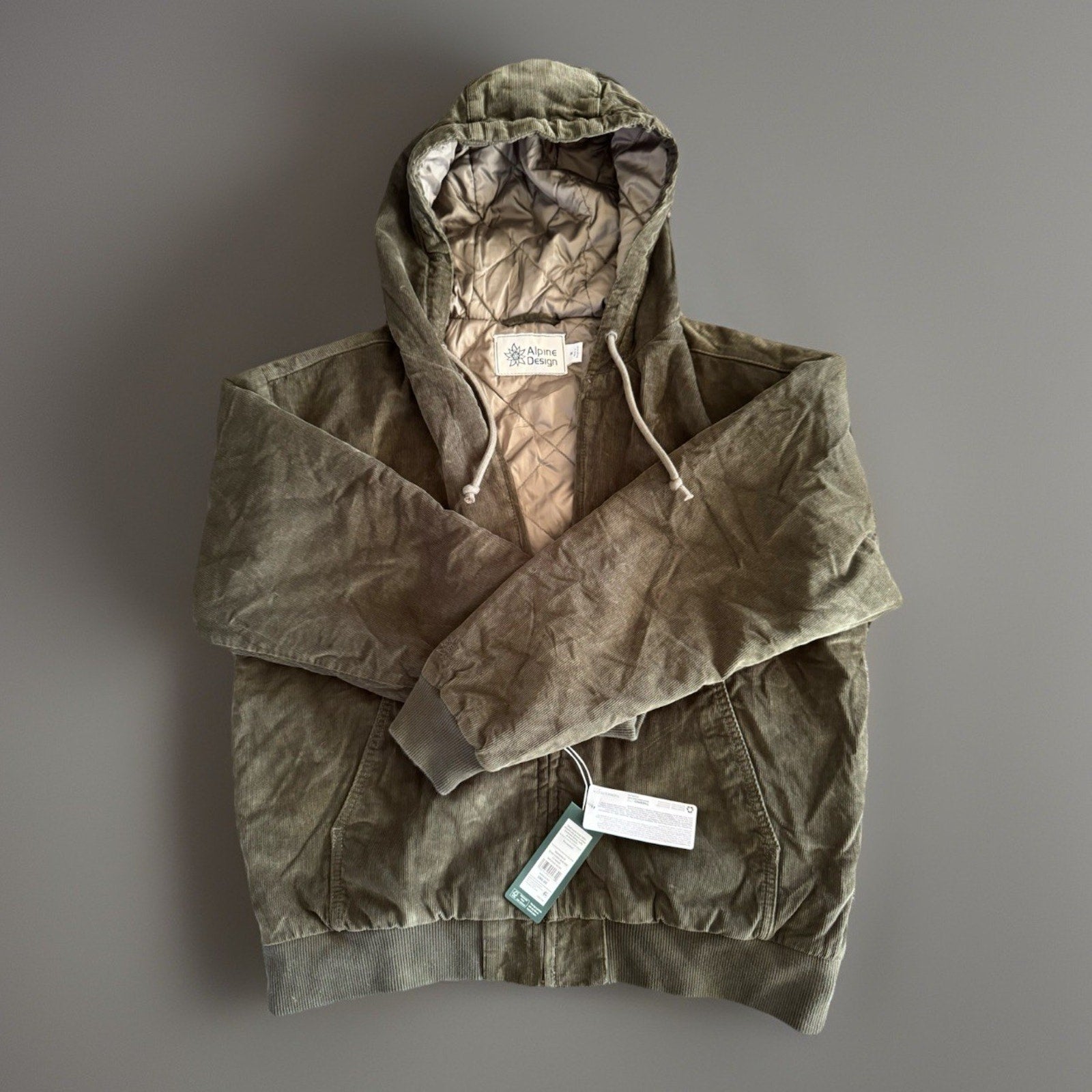 NWT Alpine Design Women's Corduroy Quilted Full Zip Hoodie - M - Vintage Olive
